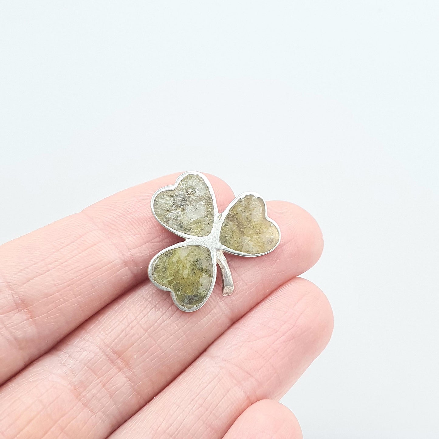 Vintage Sterling Silver Connemara Marble Clover Brooch Irish Lucky Dublin Three Leaf Green Shamrock Celtic Gaelic Jewelry Jewellery