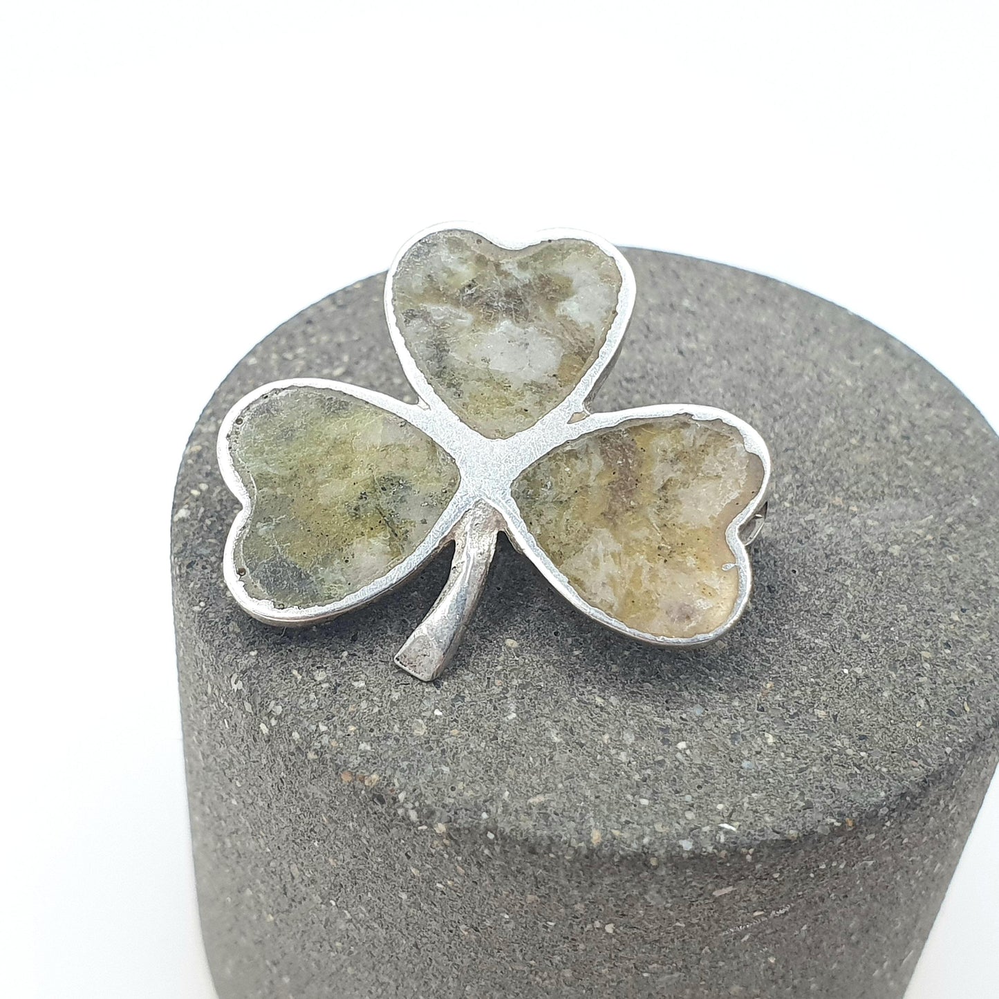 Vintage Sterling Silver Connemara Marble Clover Brooch Irish Lucky Dublin Three Leaf Green Shamrock Celtic Gaelic Jewelry Jewellery