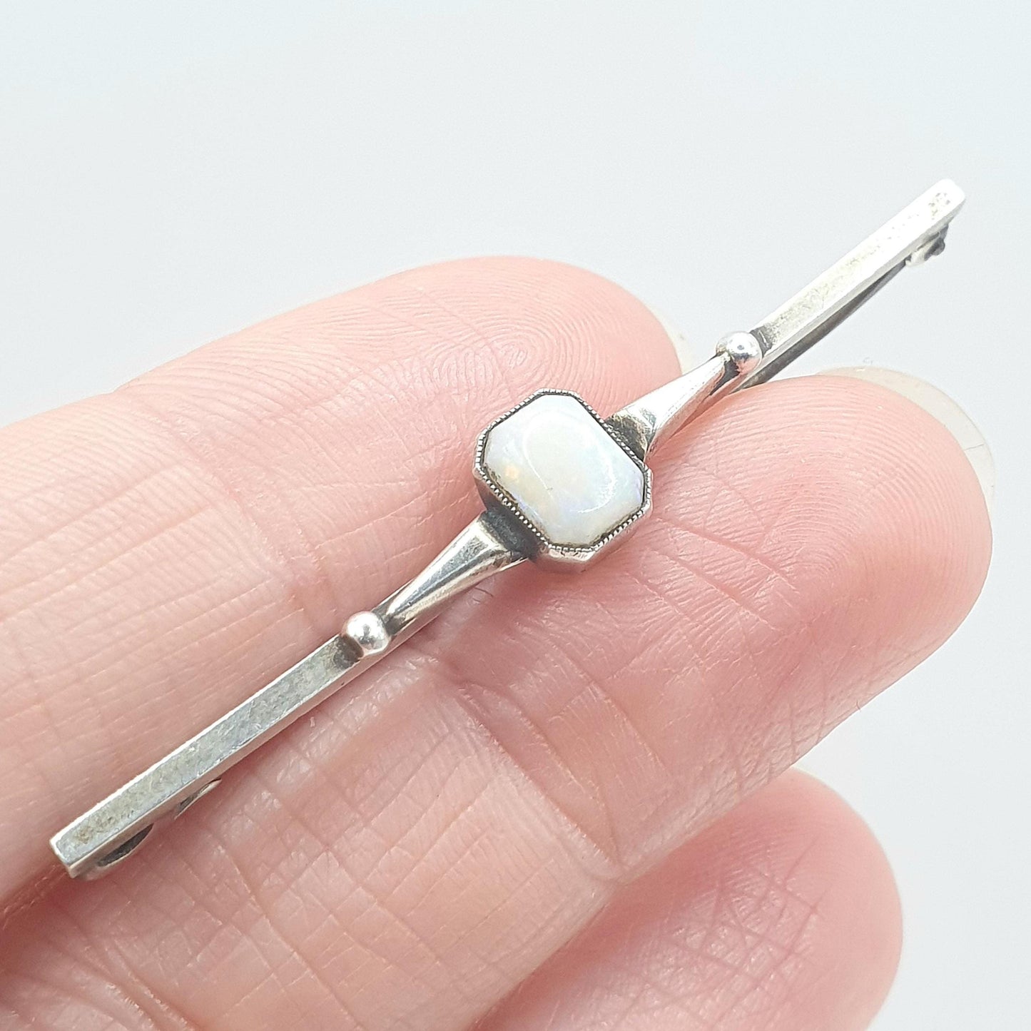 Antique Sterling Silver White Opal Brooch Art Deco Bar Pin Rectangular Cut Gift Womens Unisex Jewelry Jewellery