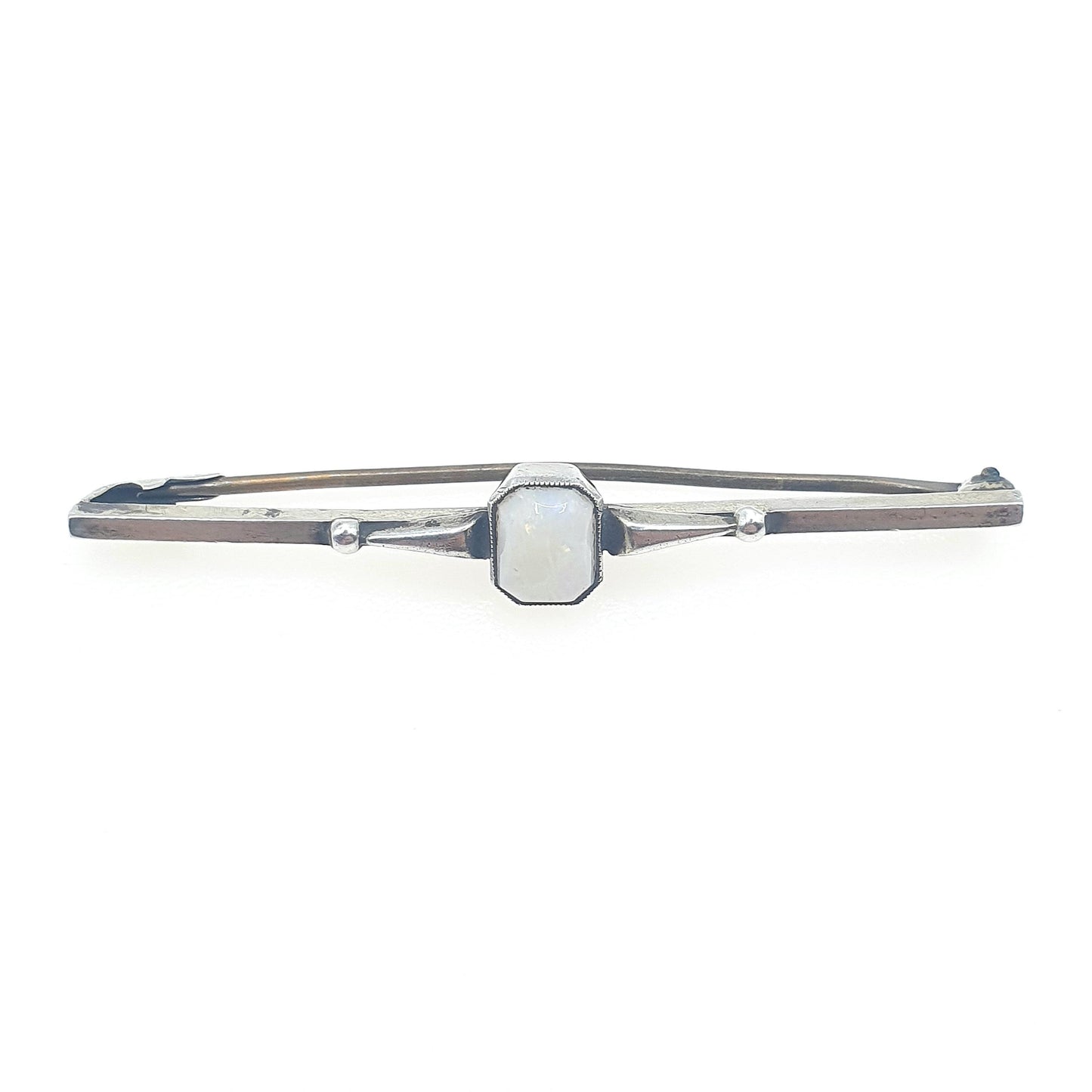 Antique Sterling Silver White Opal Brooch Art Deco Bar Pin Rectangular Cut Gift Womens Unisex Jewelry Jewellery