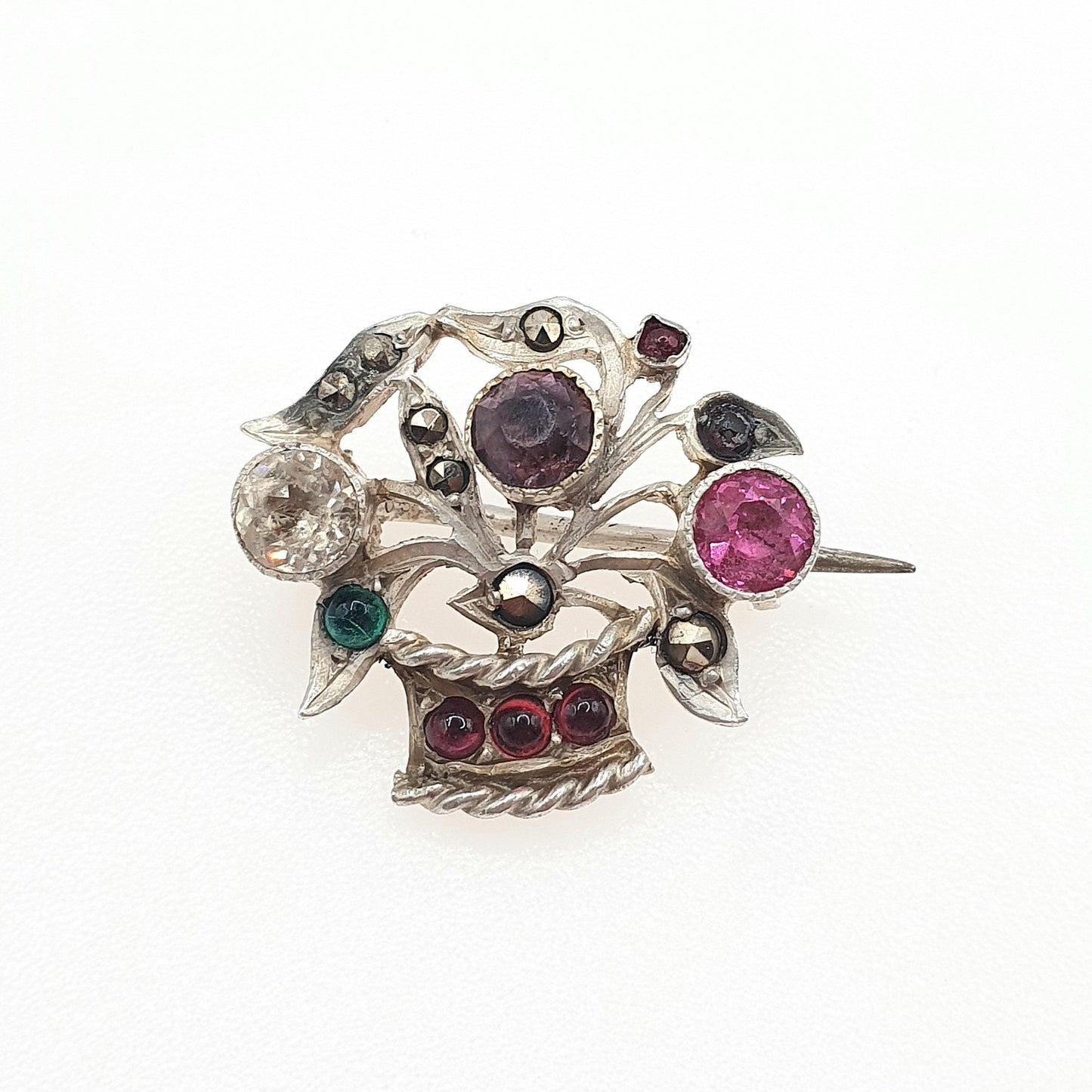 Antique Solid Silver Giardinetti Paste Brooch Flower Basket Garden French Multi Coloured Vintage Womens Jewelry Jewellery