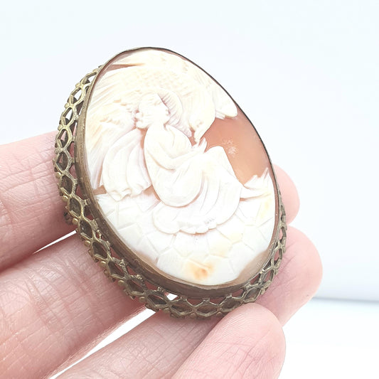 Antique Art Deco Hebe and The Eagle Cameo Brooch Roman Goddess of Youth Hand Carved Shell Gold Tone Base Metal Womens  Jewelry Jewellery