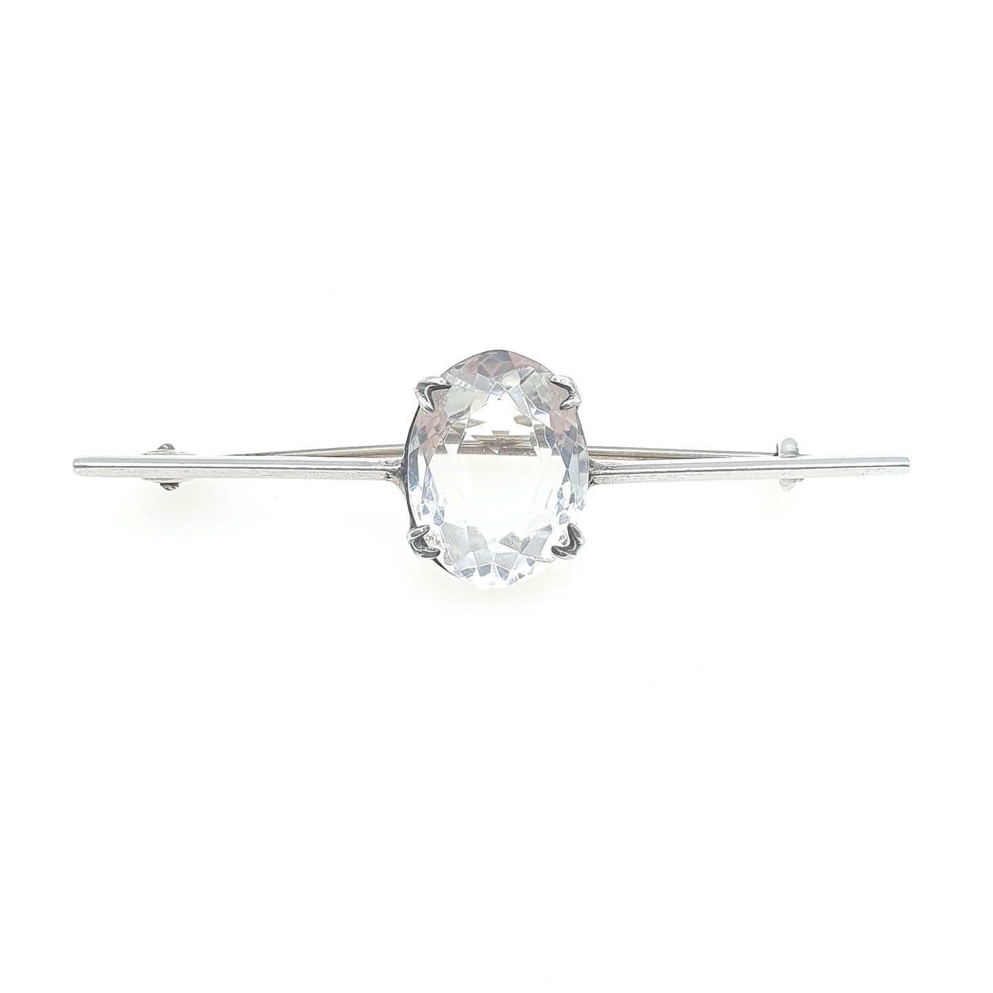 Antique Solid Silver Rock Crystal Brooch Bar Pin White Quartz Oval Cut Womens Jewelry Jewellery Vintage