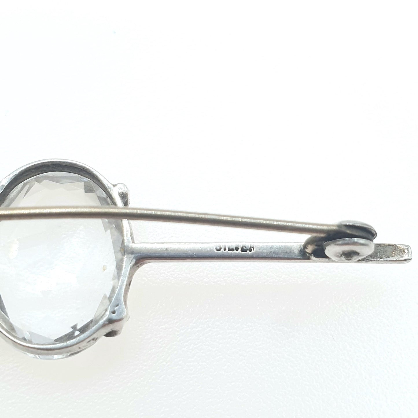 Antique Solid Silver Rock Crystal Brooch Bar Pin White Quartz Oval Cut Womens Jewelry Jewellery Vintage