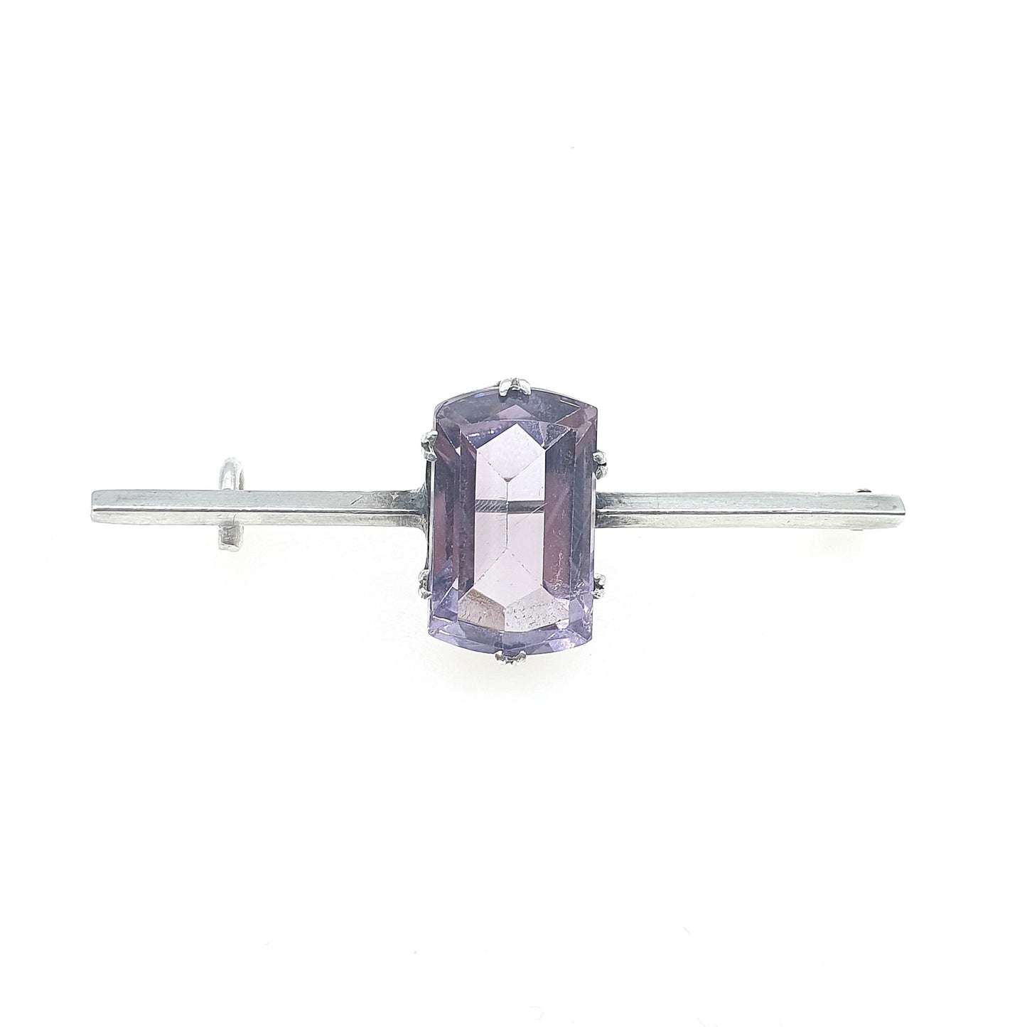 Antique Solid Silver Amethyst Brooch Bar Pin Purple Quartz Rectangular Cut Gemstone 1900s Womens Jewelry Jewellery