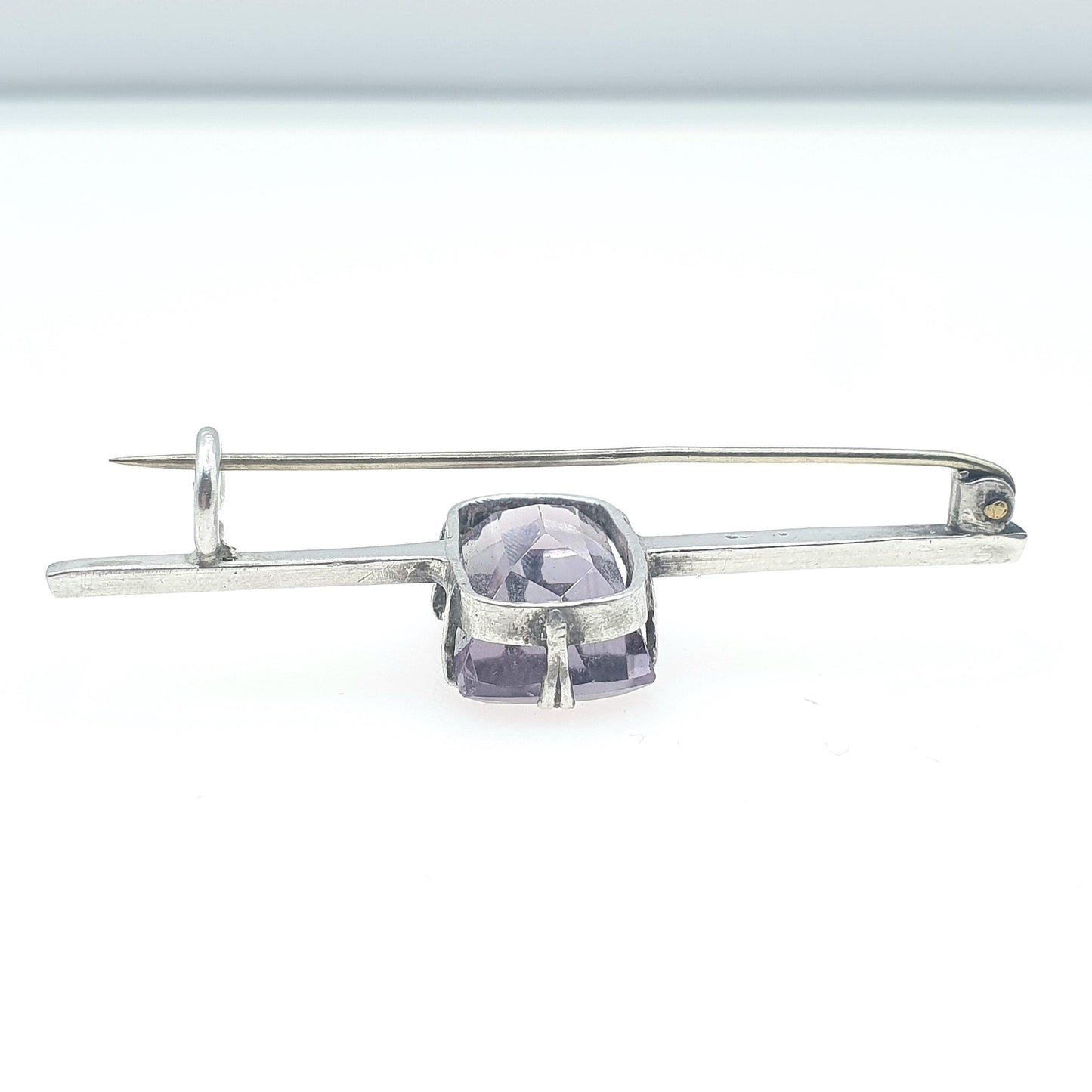 Antique Solid Silver Amethyst Brooch Bar Pin Purple Quartz Rectangular Cut Gemstone 1900s Womens Jewelry Jewellery