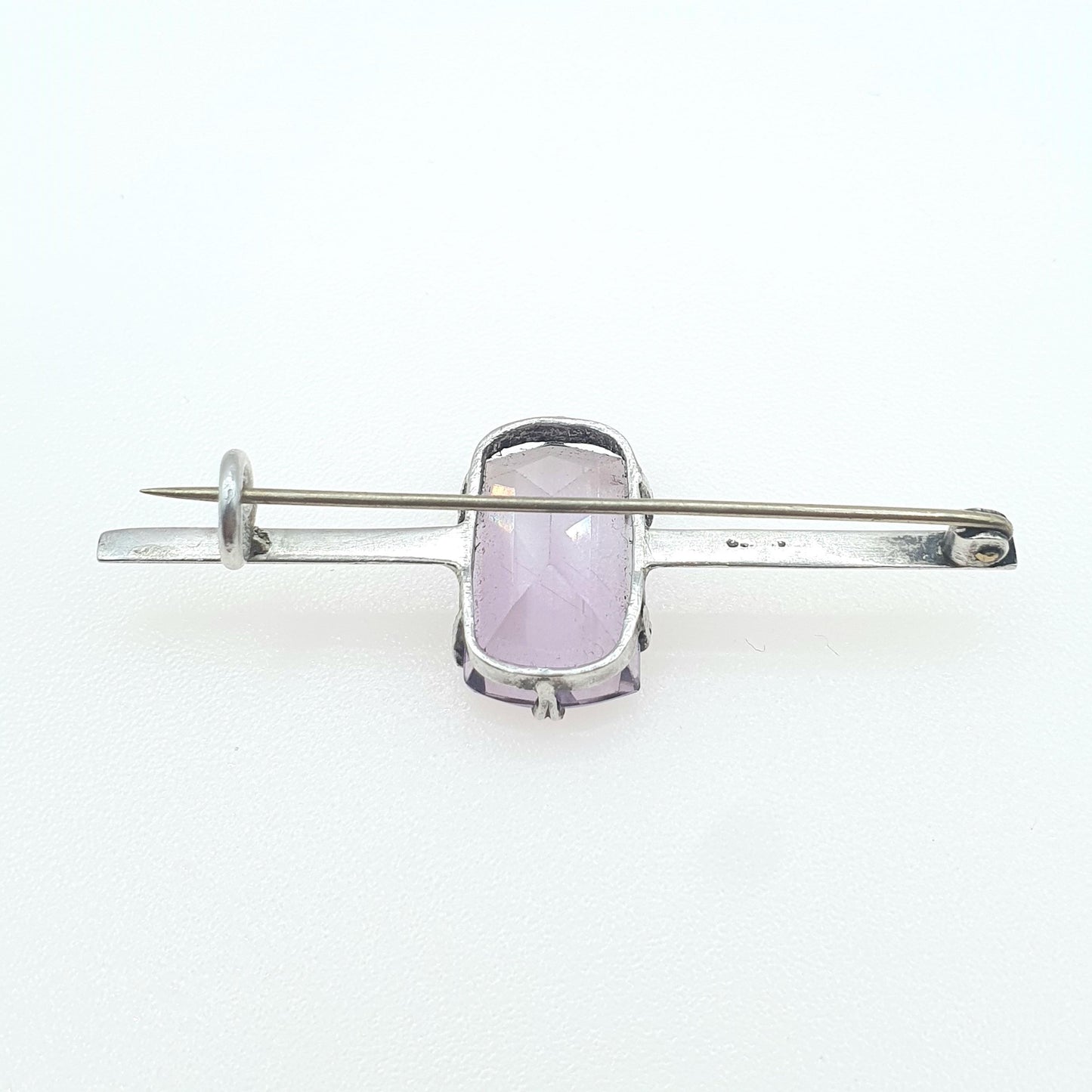 Antique Solid Silver Amethyst Brooch Bar Pin Purple Quartz Rectangular Cut Gemstone 1900s Womens Jewelry Jewellery