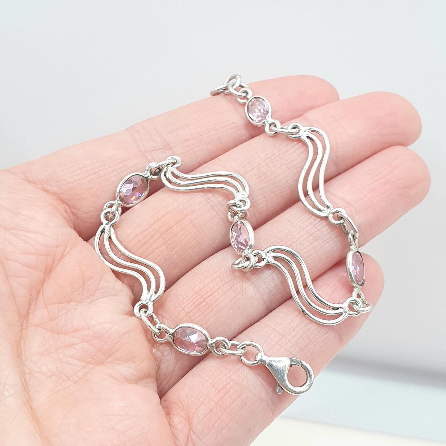Vintage Sterling Silver Pink CZ Bracelet Wave Link Modernist Oval Cut Womens Retro Jewelry Jewellery