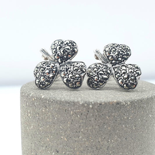 Antique Art Deco Solid Silver Marcasite Clover Earrings Three Leaf Lucky Shamrock Womens Ladies Jewelry Vintage Jewellery