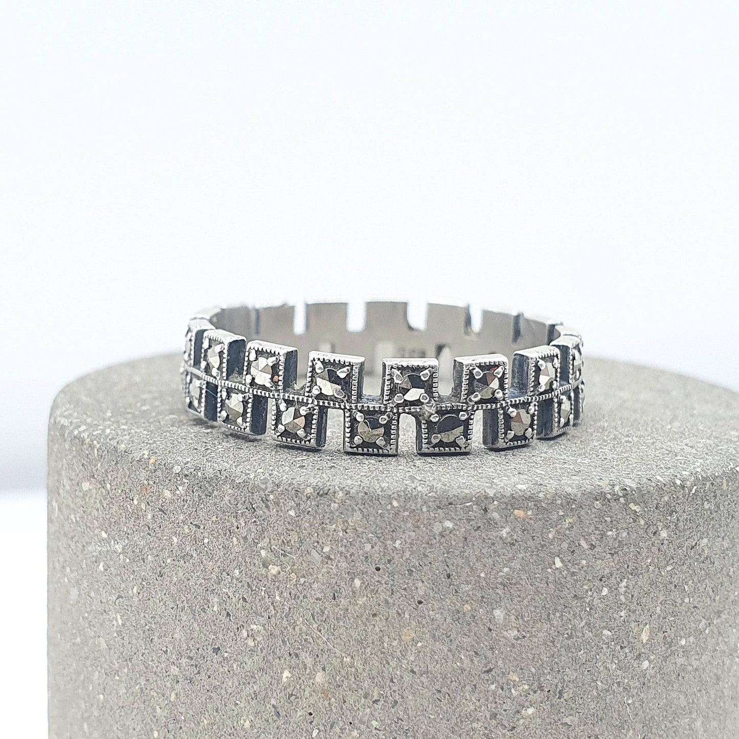 Antique Art Deco Solid Silver Marcasite Eternity Ring Stepped Flapper 1920s Unisex Womens Jewelry Jewellery
