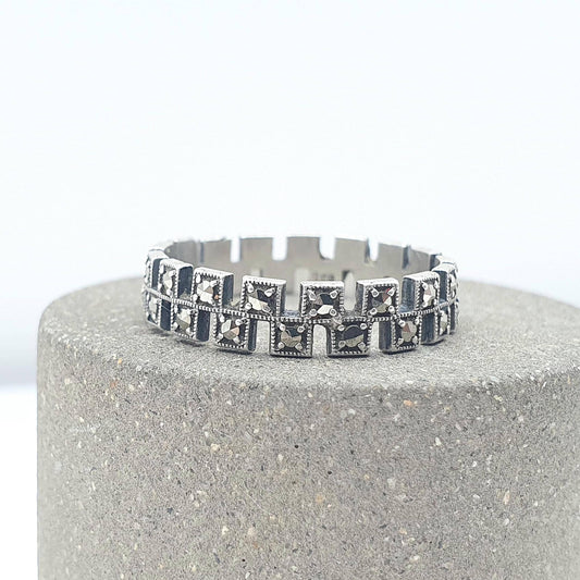 Antique Art Deco Solid Silver Marcasite Eternity Ring Stepped Flapper 1920s Unisex Womens Jewelry Jewellery