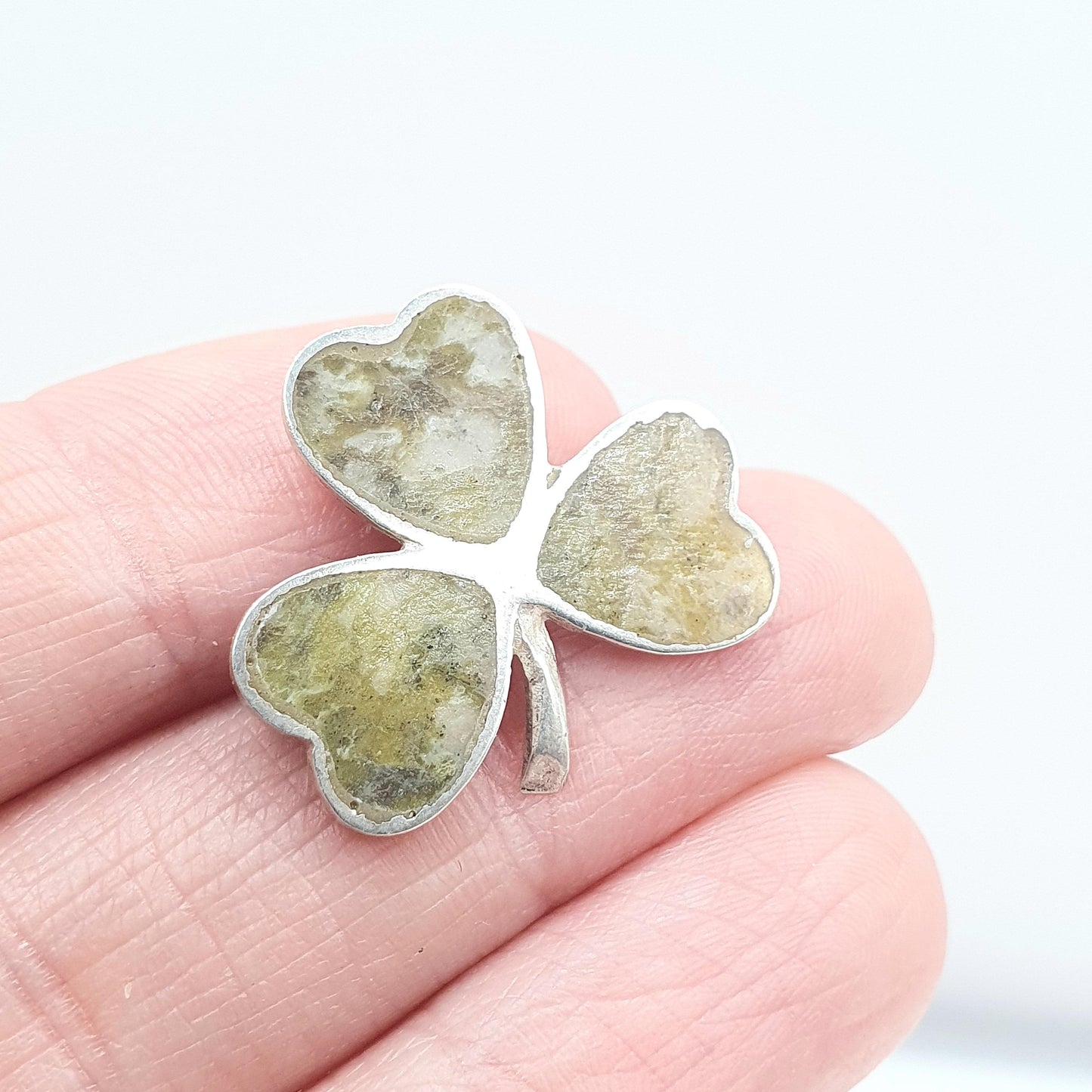 Vintage Sterling Silver Connemara Marble Clover Brooch Irish Lucky Dublin Three Leaf Green Shamrock Celtic Gaelic Jewelry Jewellery