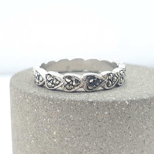 Antique Art Deco Solid Silver Heart Eternity Ring Marcasite Love Romantic Sweetheart Band Stacker Vintage Jewelry Jewellery