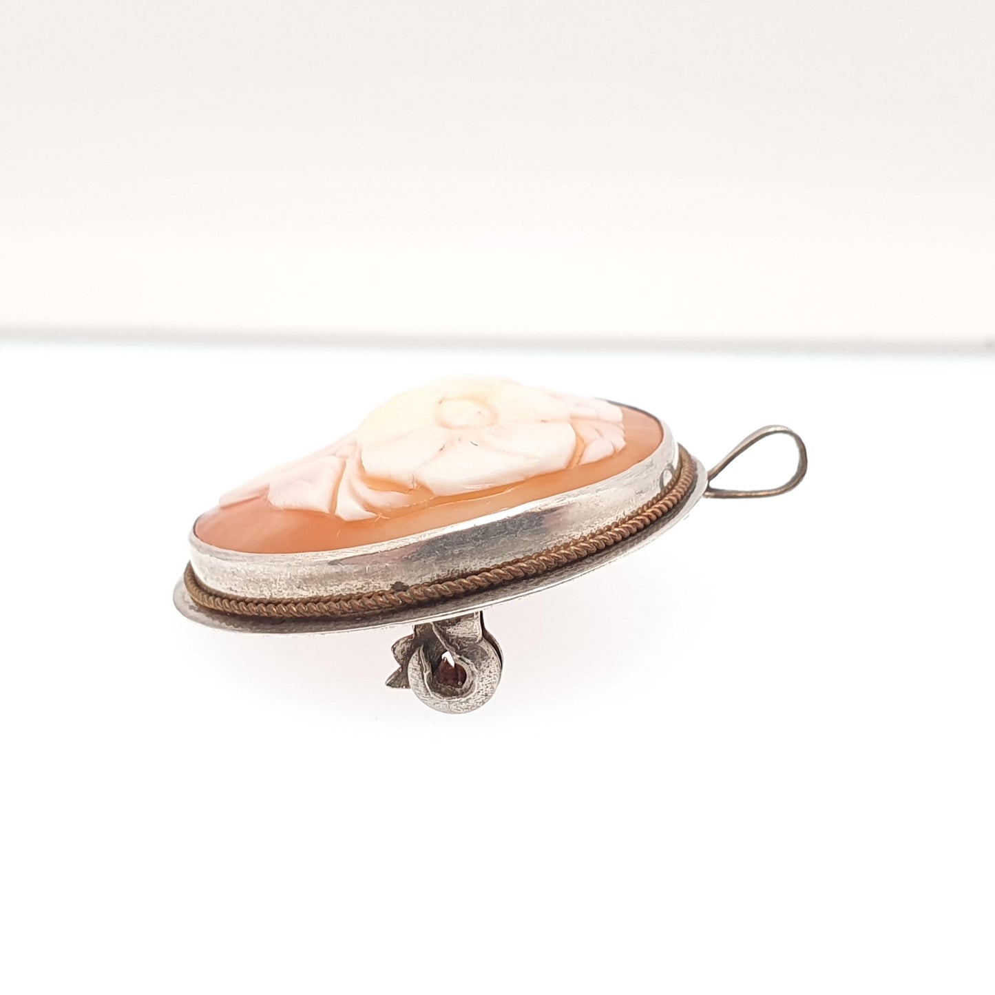 Old Vintage Flower Cameo Sterling Silver Pendant Brooch Necklace Hand Carved Shell High Relief Rare Unique Italian Jewelry Womens Jewellery