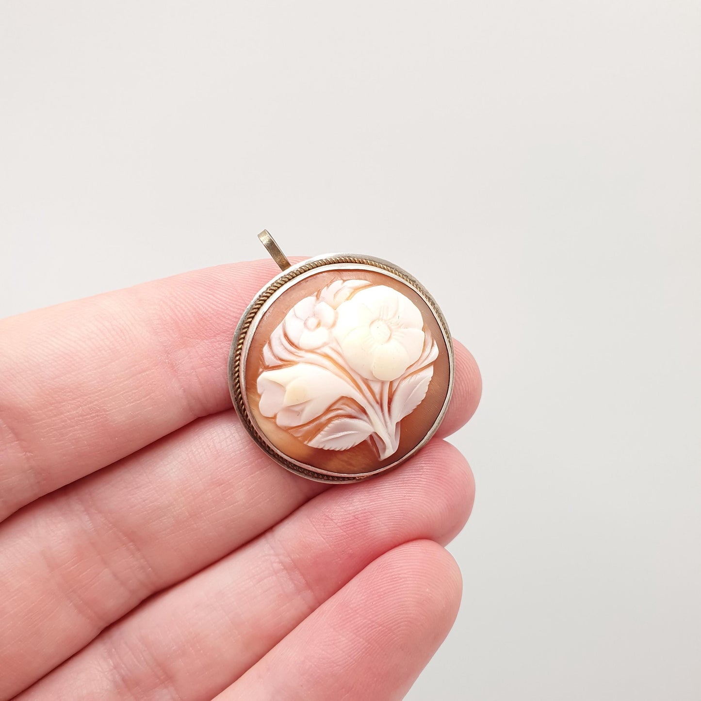 Old Vintage Flower Cameo Sterling Silver Pendant Brooch Necklace Hand Carved Shell High Relief Rare Unique Italian Jewelry Womens Jewellery