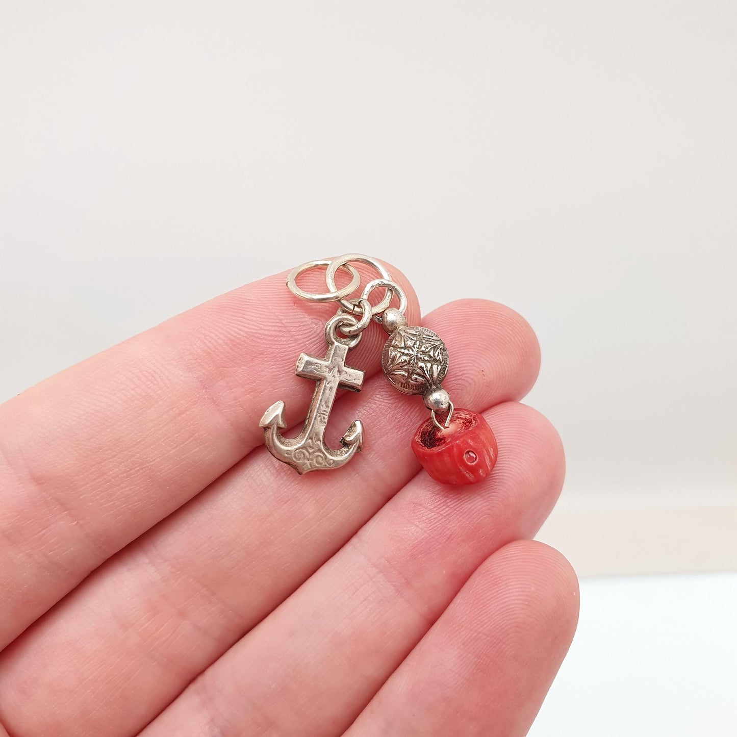 Antique Victorian Solid Silver Anchor Coral Necklace Charm Pendant Bead Ball Hope Sailing Boat Nautical Womens Jewelry Jewellery