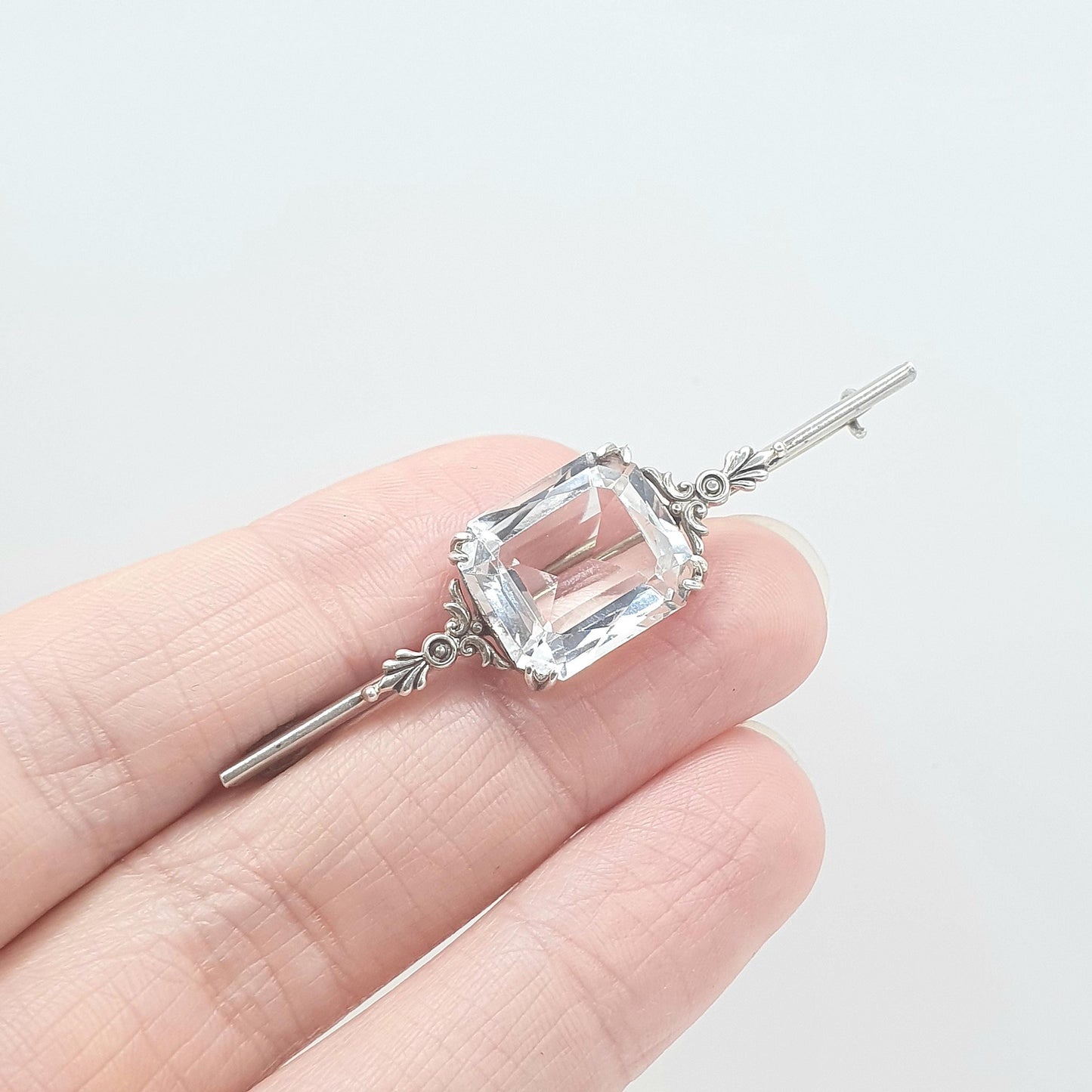 Antique Sterling Silver Rock Crystal Brooch Art Deco White Quartz Rectangular Cut Womens Ladies Unisex Jewelry Jewellery Vintage