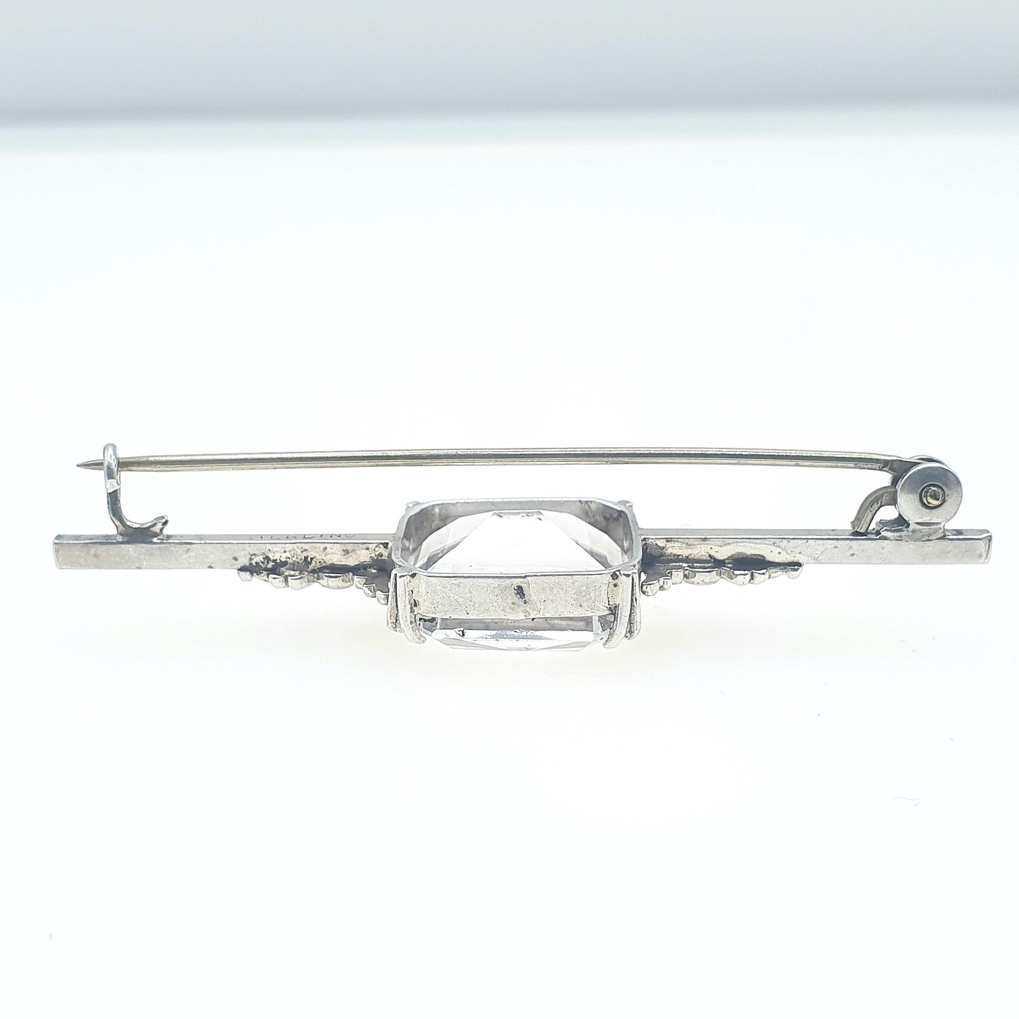 Antique Sterling Silver Rock Crystal Brooch Art Deco White Quartz Rectangular Cut Womens Ladies Unisex Jewelry Jewellery Vintage