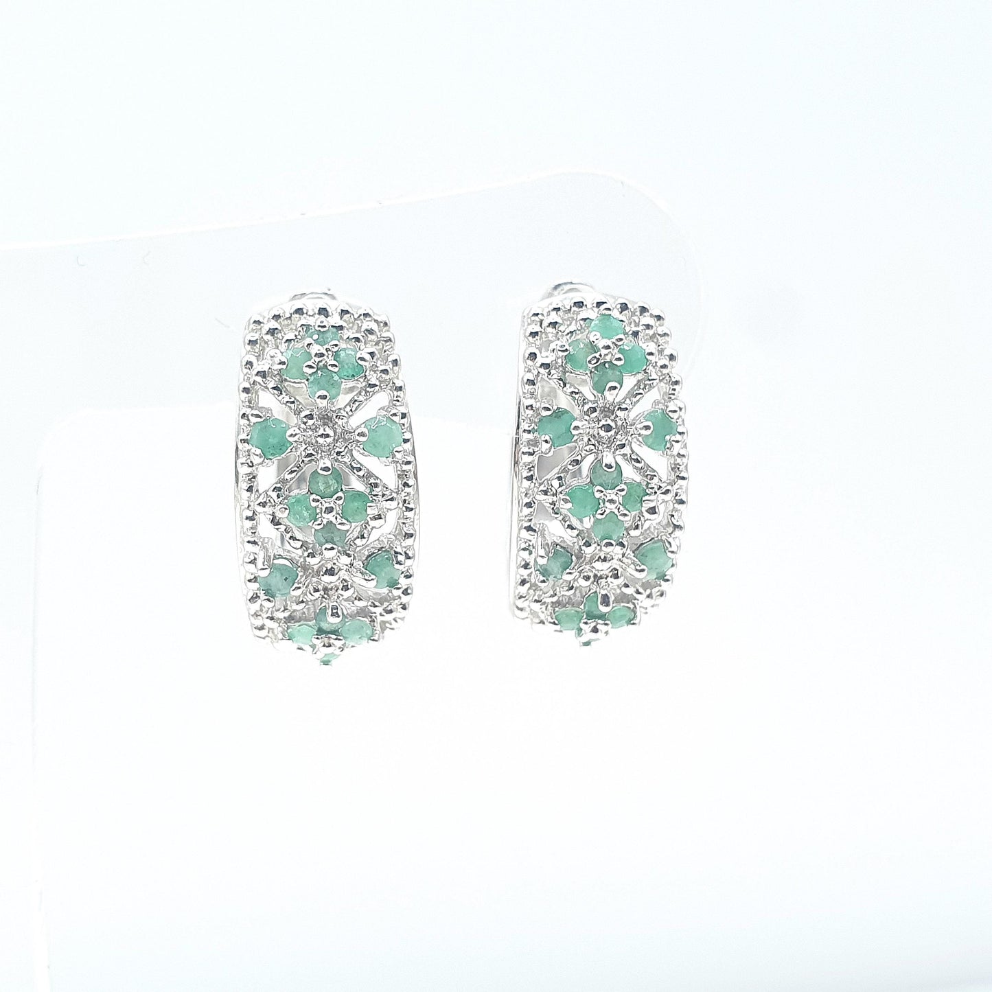 RESERVED/SOLD DON Vintage Sterling Silver Emerald Hoop Earrings Genuine Emeralds Modernist Green Gemstone