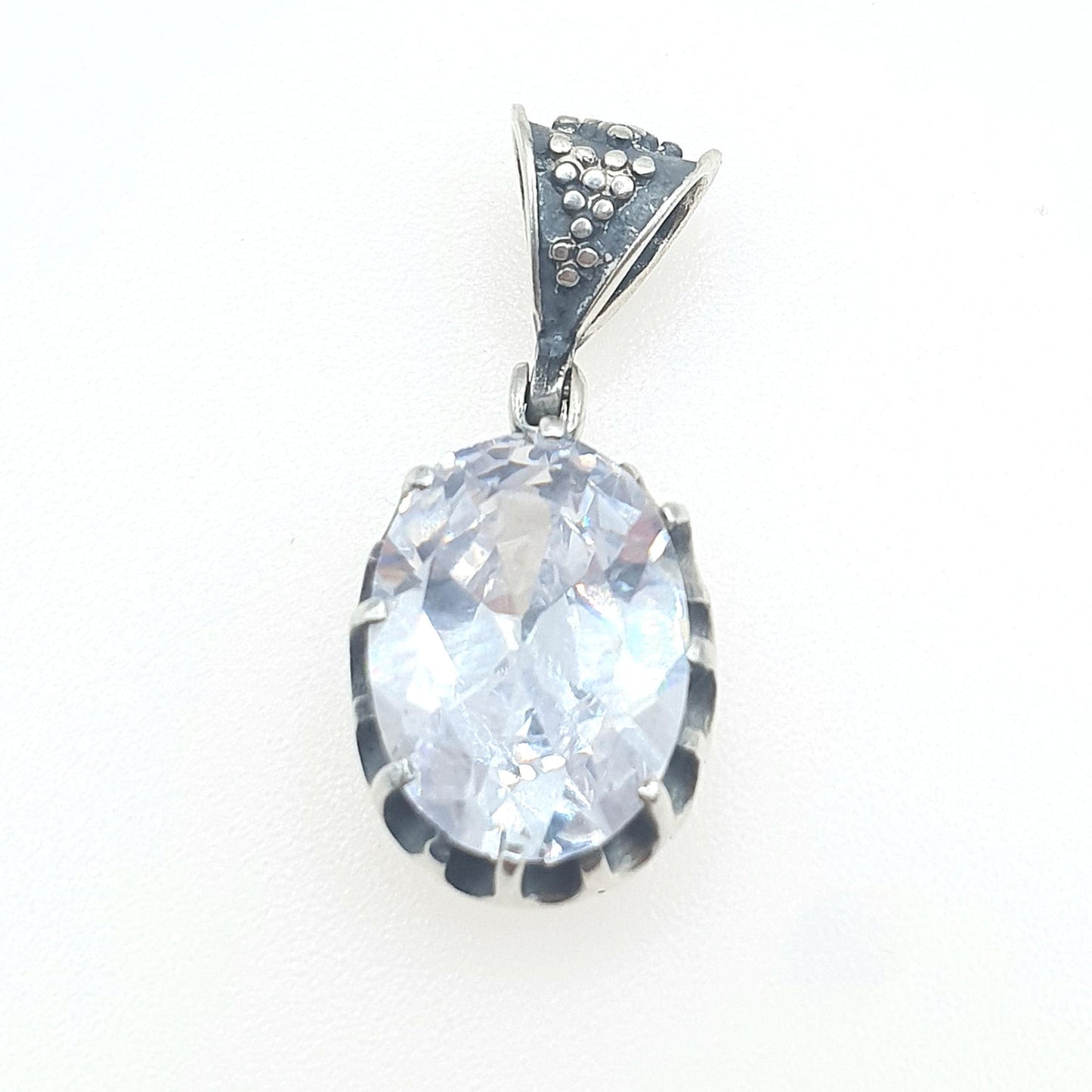 Vintage Solid Silver White Quartz Pendant Large Oval Cut Indian Style Necklace Genuine Real Large Faceted Gemstone Clear Jewelry Jewellery