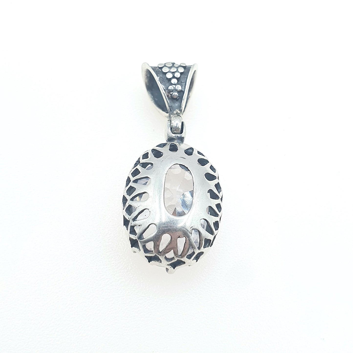 Vintage Solid Silver White Quartz Pendant Large Oval Cut Indian Style Necklace Genuine Real Large Faceted Gemstone Clear Jewelry Jewellery