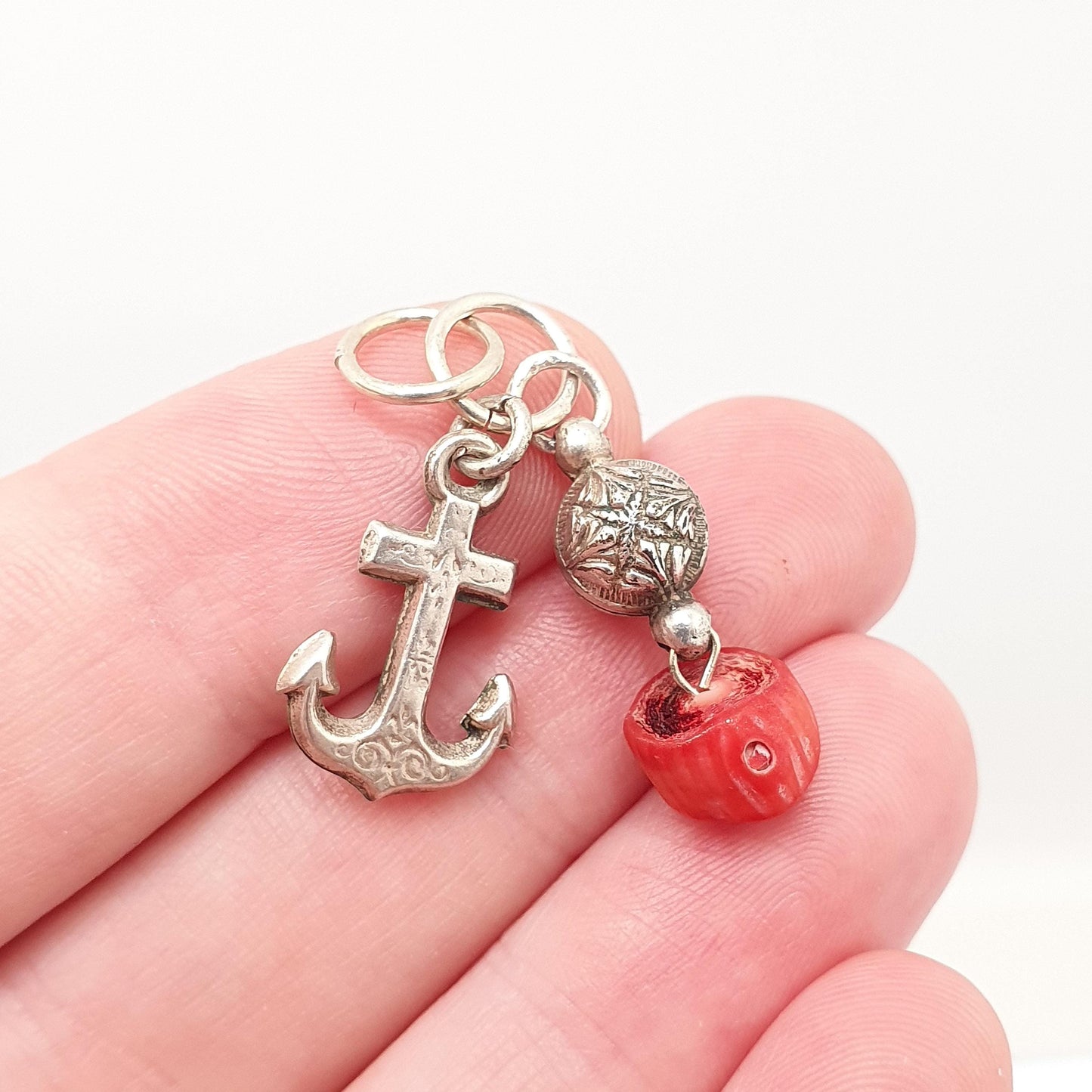 Antique Victorian Solid Silver Anchor Coral Necklace Charm Pendant Bead Ball Hope Sailing Boat Nautical Womens Jewelry Jewellery