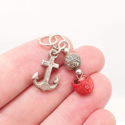 Antique Victorian Solid Silver Anchor Coral Necklace Charm Pendant Bead Ball Hope Sailing Boat Nautical Womens Jewelry Jewellery