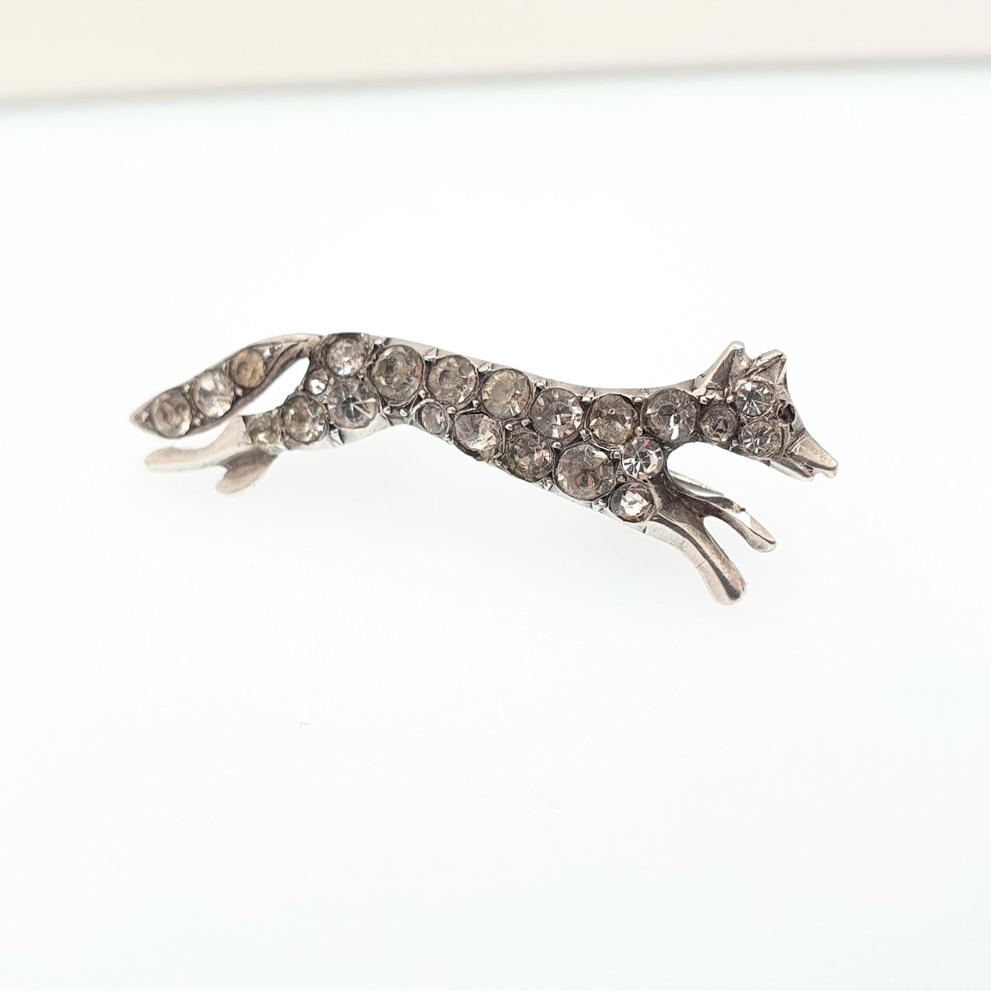Antique Solid Silver Fox Brooch Diamond Paste Pin Foxes Cunning Good Luck Vintage Animal Jewelry Jewellery