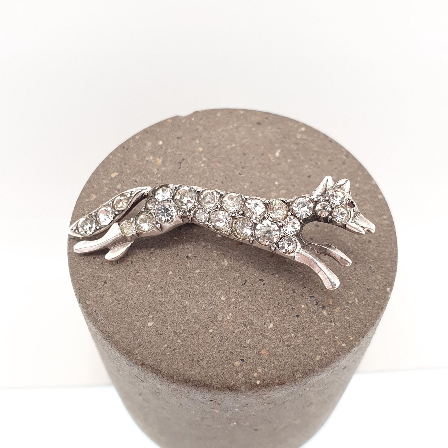 Antique Solid Silver Fox Brooch Diamond Paste Pin Foxes Cunning Good Luck Vintage Animal Jewelry Jewellery