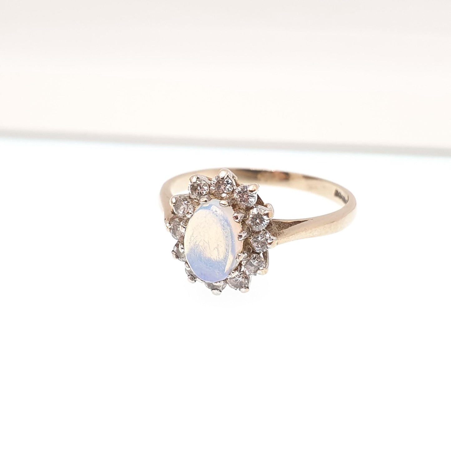 Vintage 9ct Gold Opal Cluster Ring CZ Blue White Gemstone Solid 9k 375 Halo Yellow Sparkly Retro Womens Jewelry Jewellery