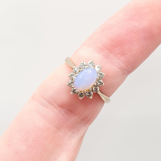 Vintage 9ct Gold Opal Cluster Ring CZ Blue White Gemstone Solid 9k 375 Halo Yellow Sparkly Retro Womens Jewelry Jewellery