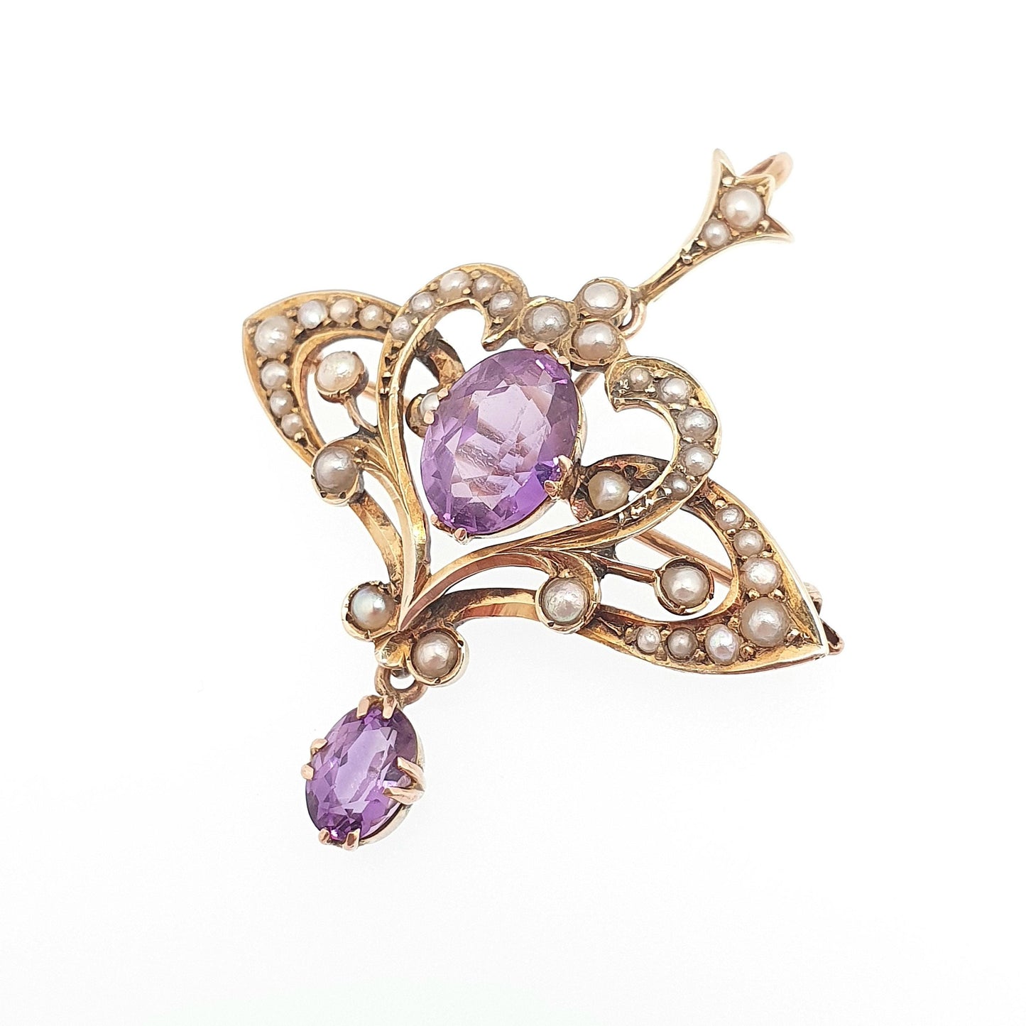 Antique 9ct 9k Gold Amethyst Pendant Seed Pearl Necklace Brooch Edwardian Solid 375 Openwork Vintage Jewellery Jewelry