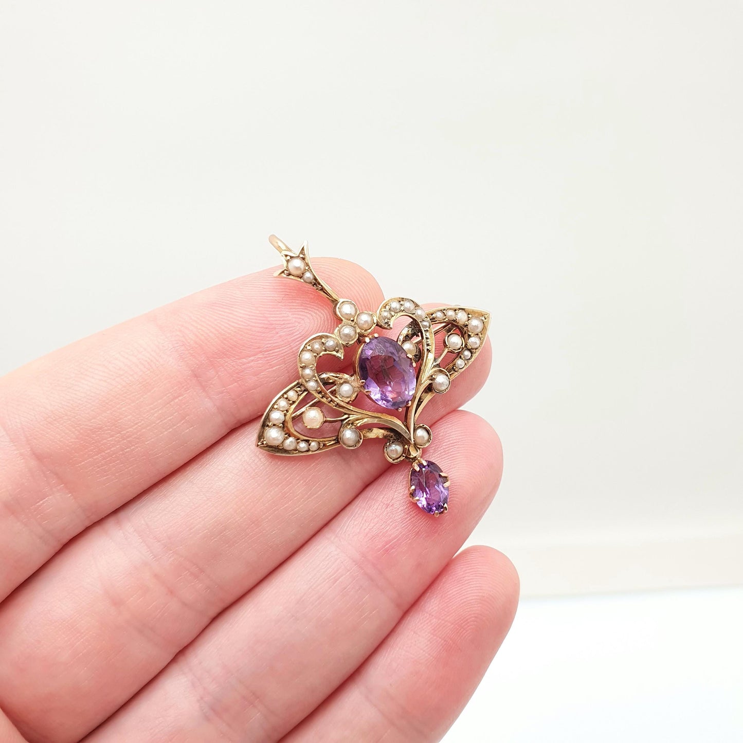 Antique 9ct 9k Gold Amethyst Pendant Seed Pearl Necklace Brooch Edwardian Solid 375 Openwork Vintage Jewellery Jewelry