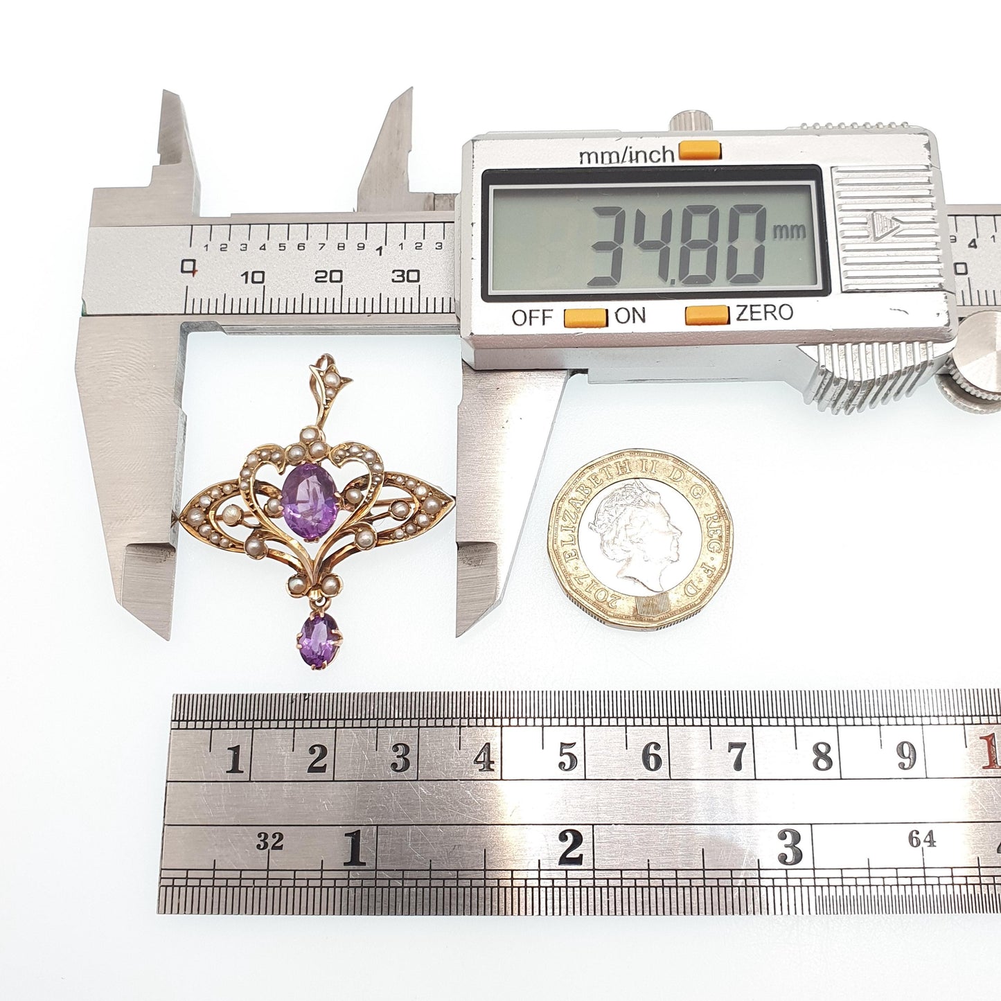 Antique 9ct 9k Gold Amethyst Pendant Seed Pearl Necklace Brooch Edwardian Solid 375 Openwork Vintage Jewellery Jewelry