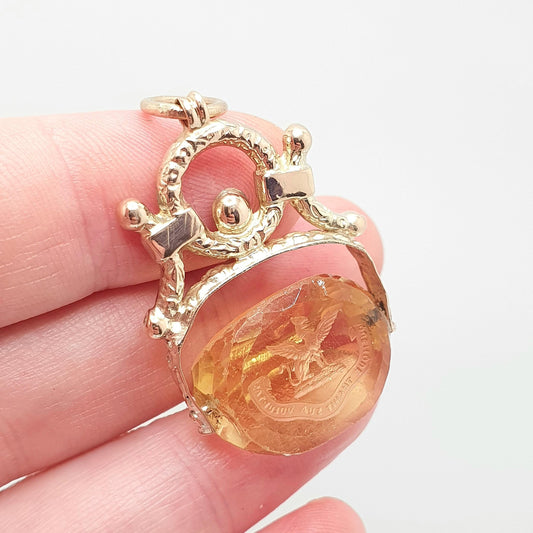 Antique Griffin 9ct 9k Gold Citrine Spinner Intaglio Fob Pendant Necklace Georgian & Victorian Follow You Own Desire Jewelry