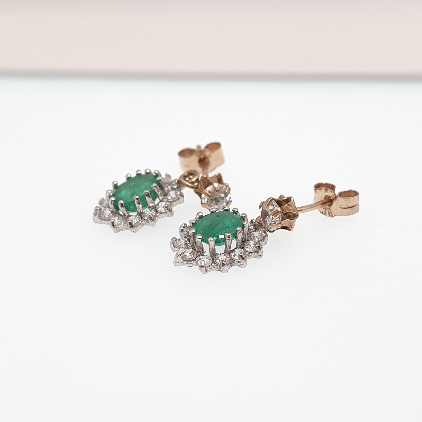 Vintage 9ct Gold Emerald Earrings CZ Cluster Halo Solid 9k 375 Oval Cut Stud Drop Genuine Gemstone Jewelry Jewellery