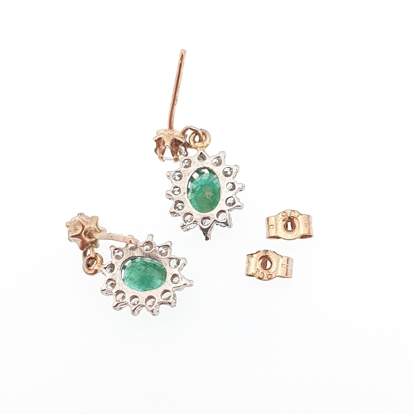 Vintage 9ct Gold Emerald Earrings CZ Cluster Halo Solid 9k 375 Oval Cut Stud Drop Genuine Gemstone Jewelry Jewellery
