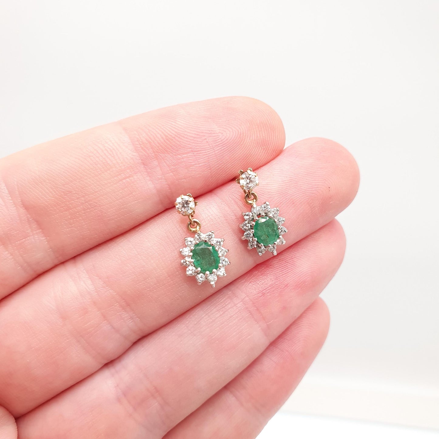 Vintage 9ct Gold Emerald Earrings CZ Cluster Halo Solid 9k 375 Oval Cut Stud Drop Genuine Gemstone Jewelry Jewellery