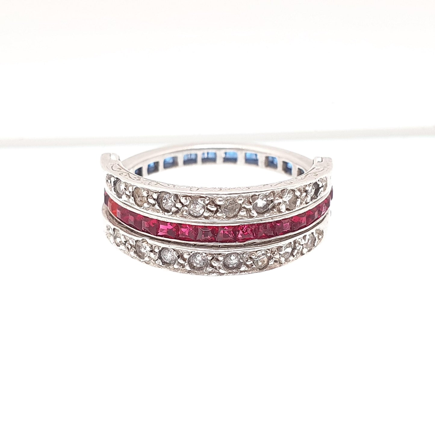 Antique Day & Night Ring Solid Silver Paste Art Deco Channel Set Blue Sapphire Ruby and Diamond Pastes Hinged Folding Jewelry