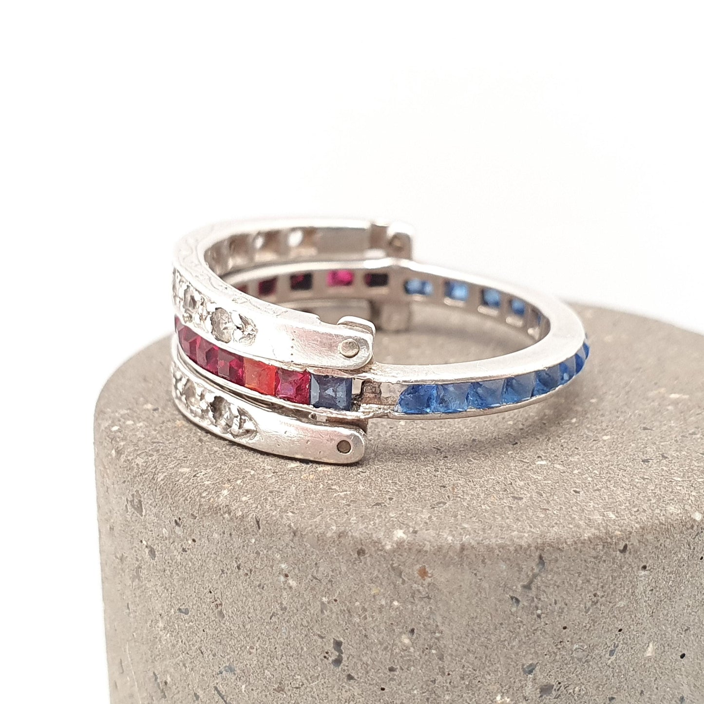 Antique Day & Night Ring Solid Silver Paste Art Deco Channel Set Blue Sapphire Ruby and Diamond Pastes Hinged Folding Jewelry