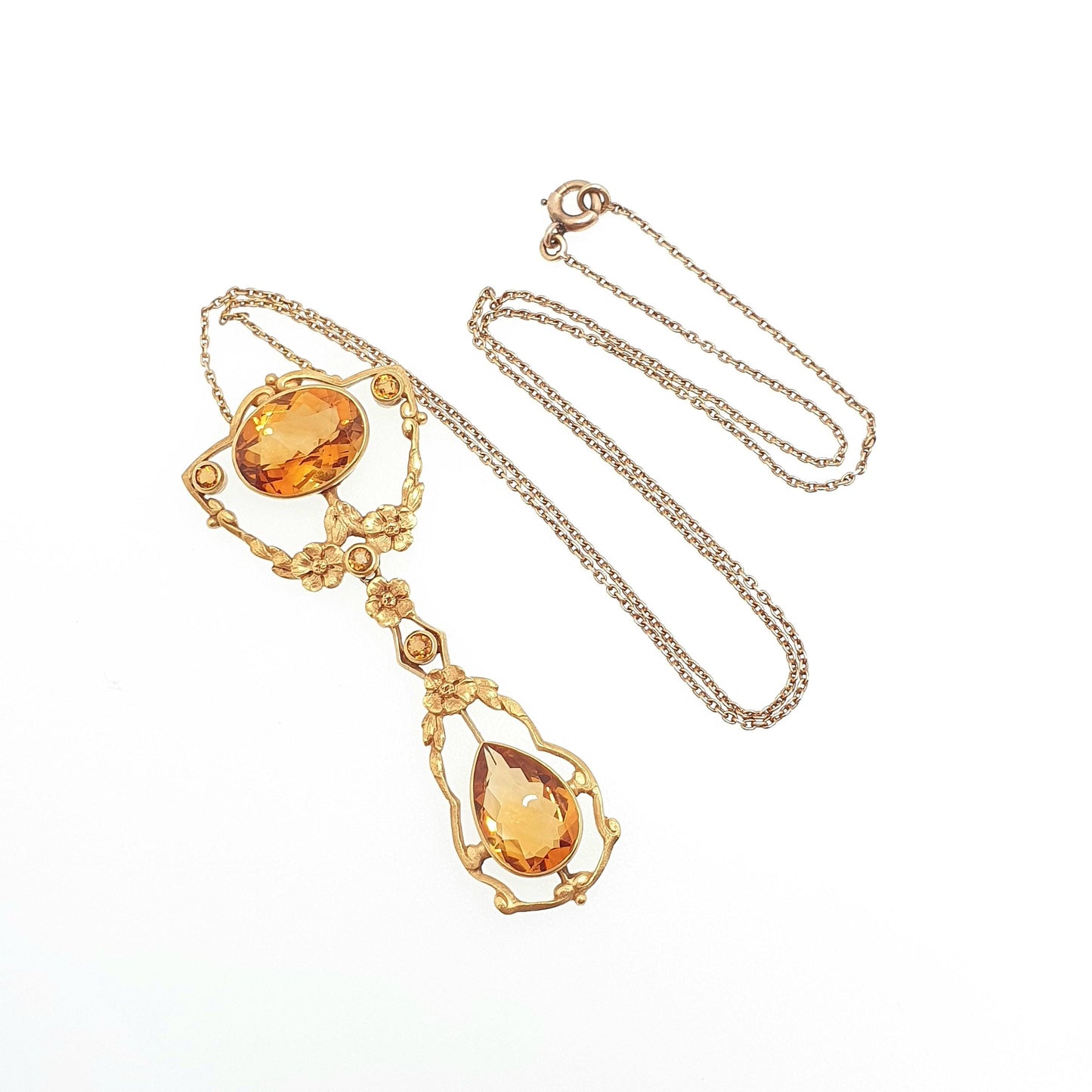 Antique Victorian 14kt Gold Citrine Necklace Art Nouveau Lavalier Solid 14k 585 1800s Jewelry Womens Jewellery