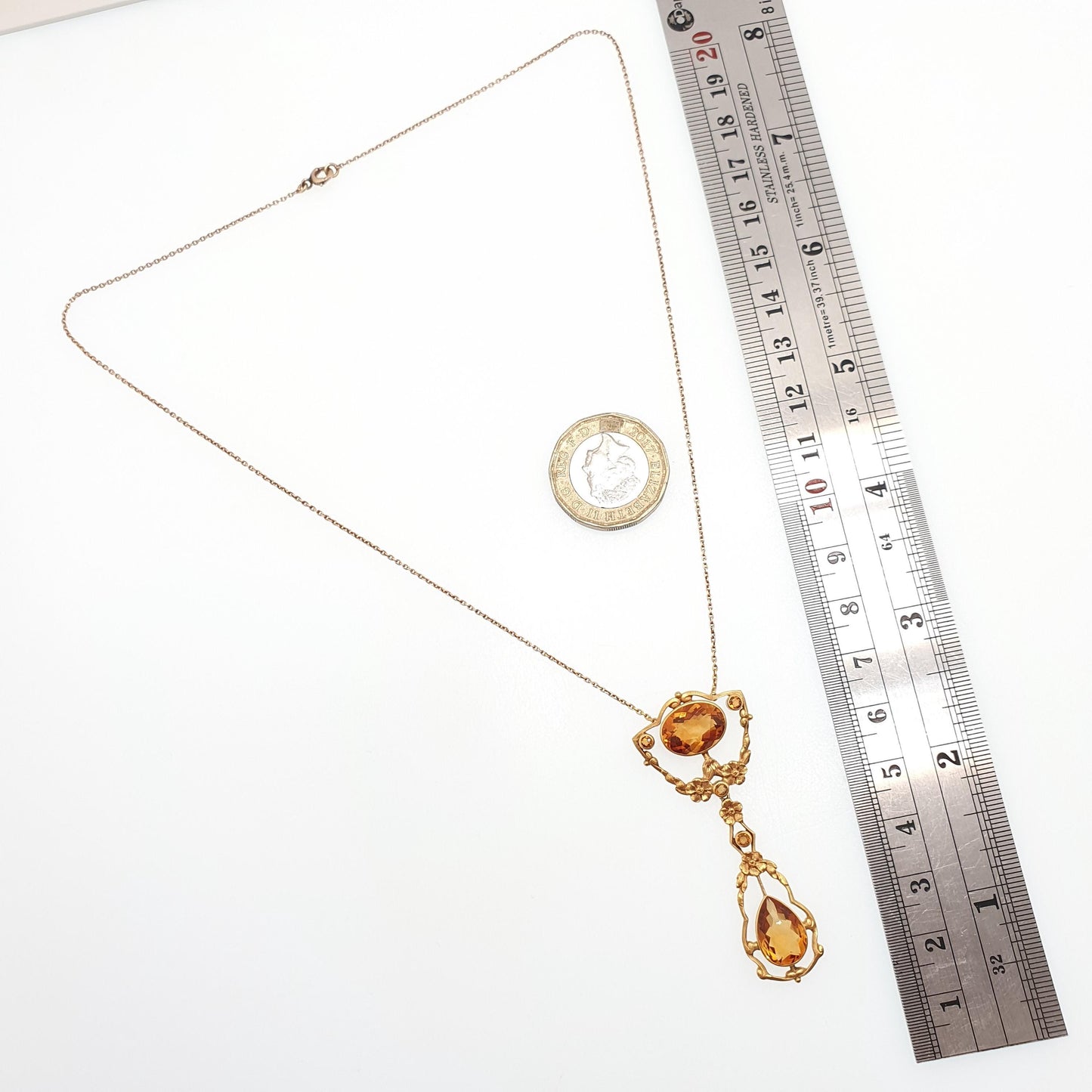 Antique Victorian 14kt Gold Citrine Necklace Art Nouveau Lavalier Solid 14k 585 1800s Jewelry Womens Jewellery