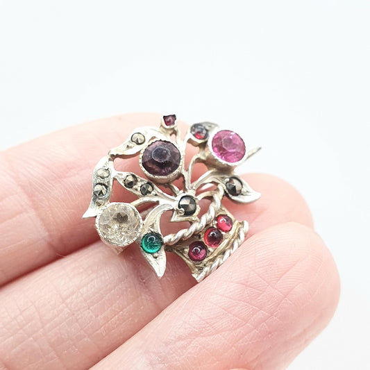 Antique Solid Silver Giardinetti Paste Brooch Flower Basket Garden French Multi Coloured Vintage Womens Jewelry Jewellery