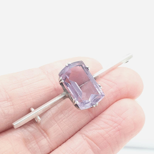Antique Solid Silver Amethyst Brooch Bar Pin Purple Quartz Rectangular Cut Gemstone 1900s Womens Jewelry Jewellery