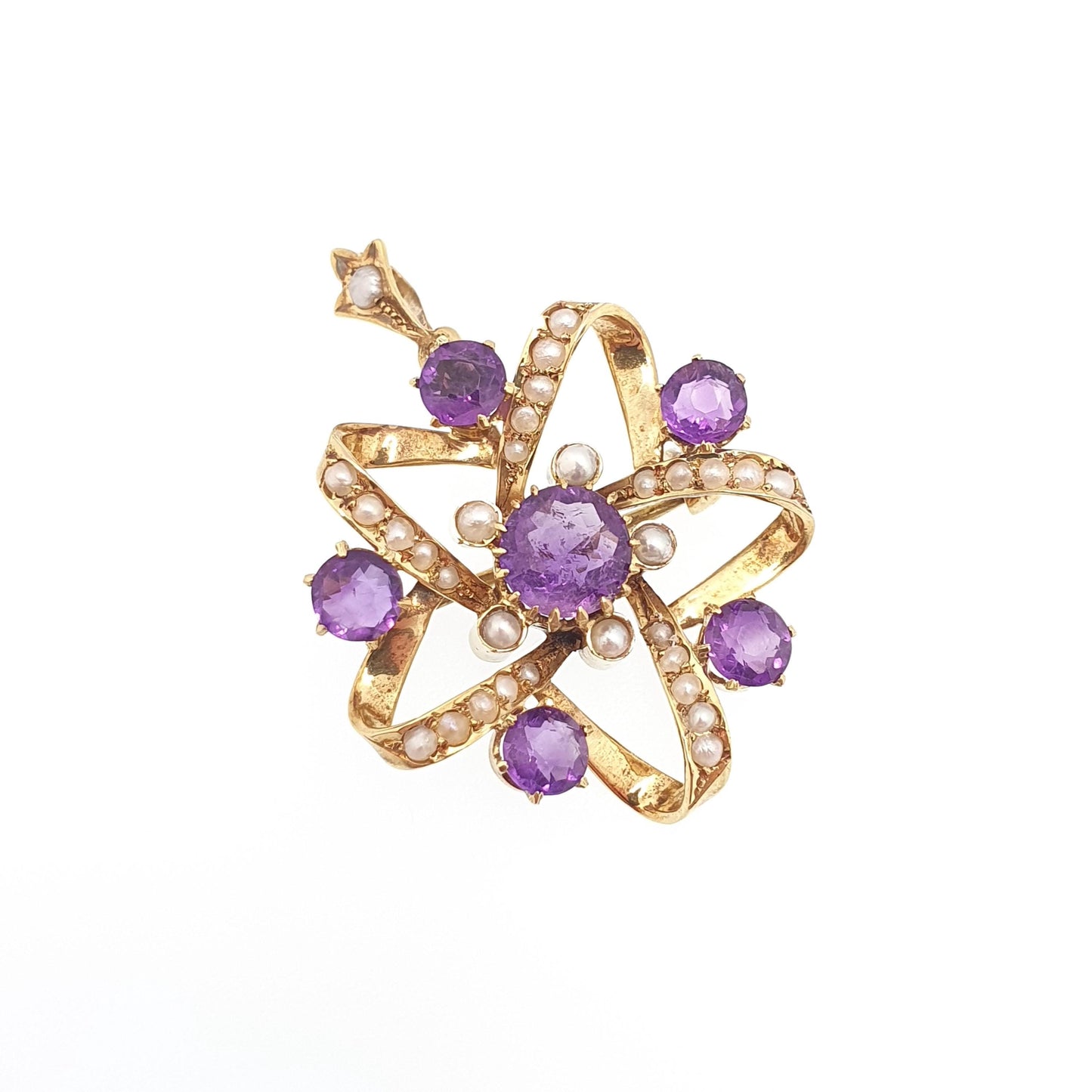 Antique 9ct Gold Amethyst Pendant Star Shape Necklace Brooch Seed Pearl Edwardian Solid 9k 9kt Vintage Jewellery Jewelry