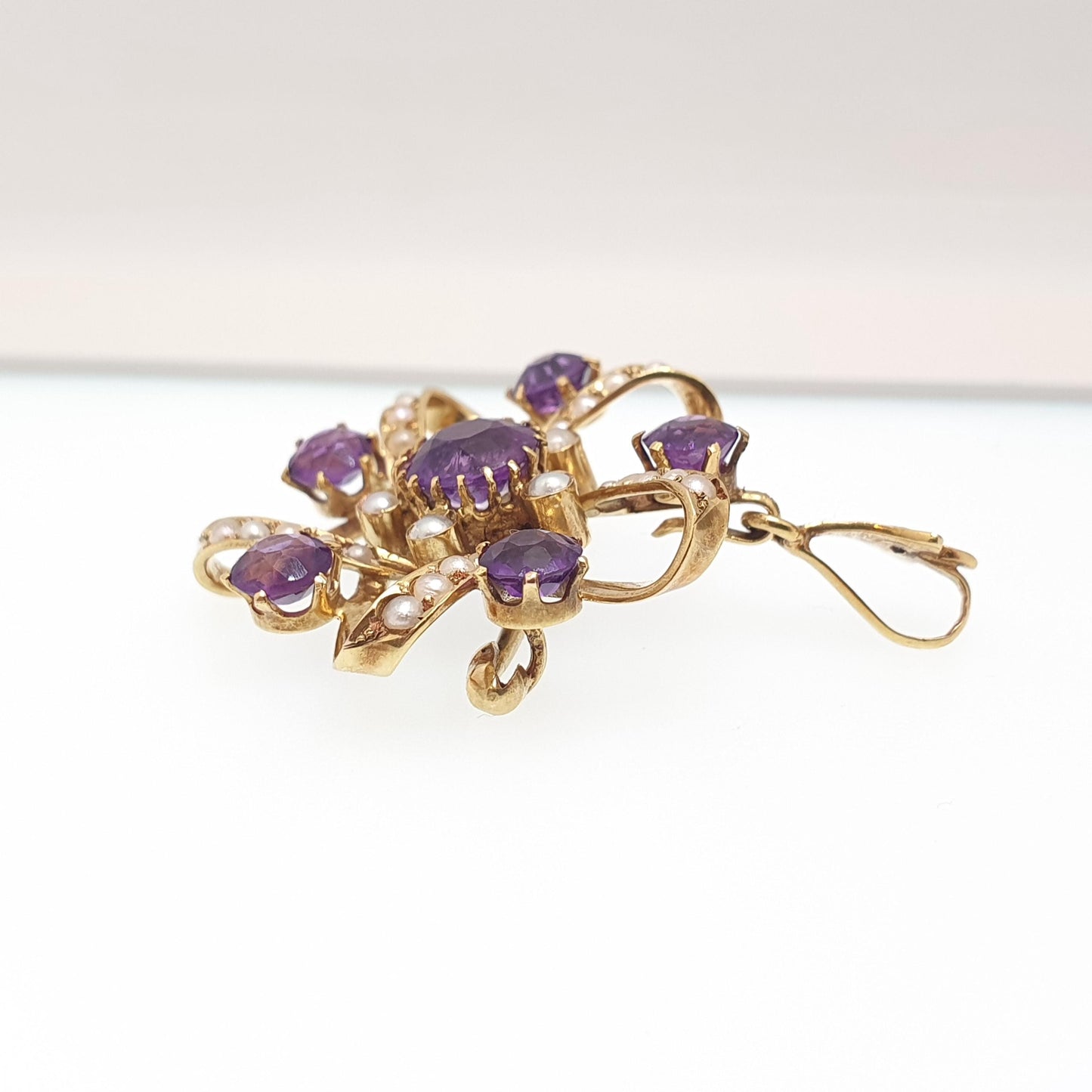 Antique 9ct Gold Amethyst Pendant Star Shape Necklace Brooch Seed Pearl Edwardian Solid 9k 9kt Vintage Jewellery Jewelry