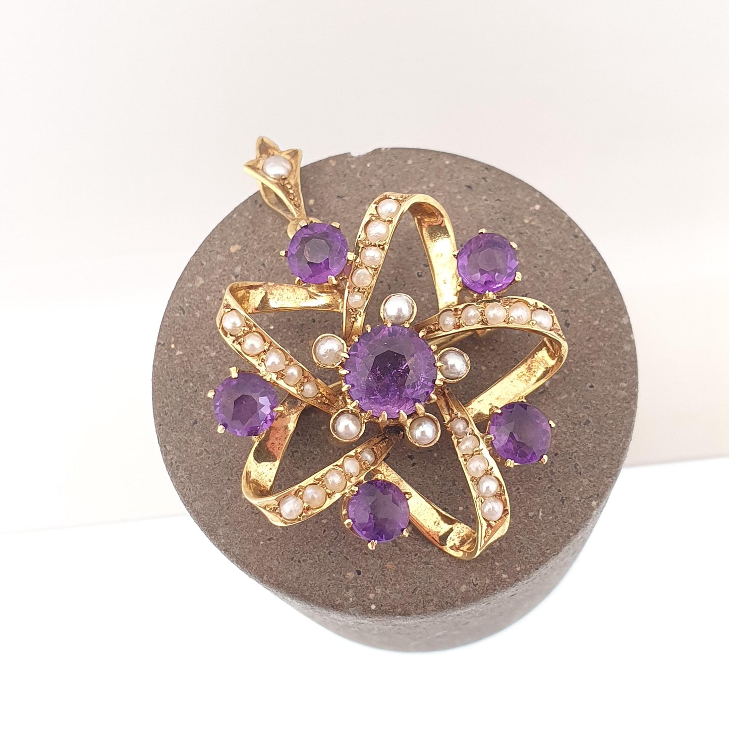 Antique 9ct Gold Amethyst Pendant Star Shape Necklace Brooch Seed Pearl Edwardian Solid 9k 9kt Vintage Jewellery Jewelry