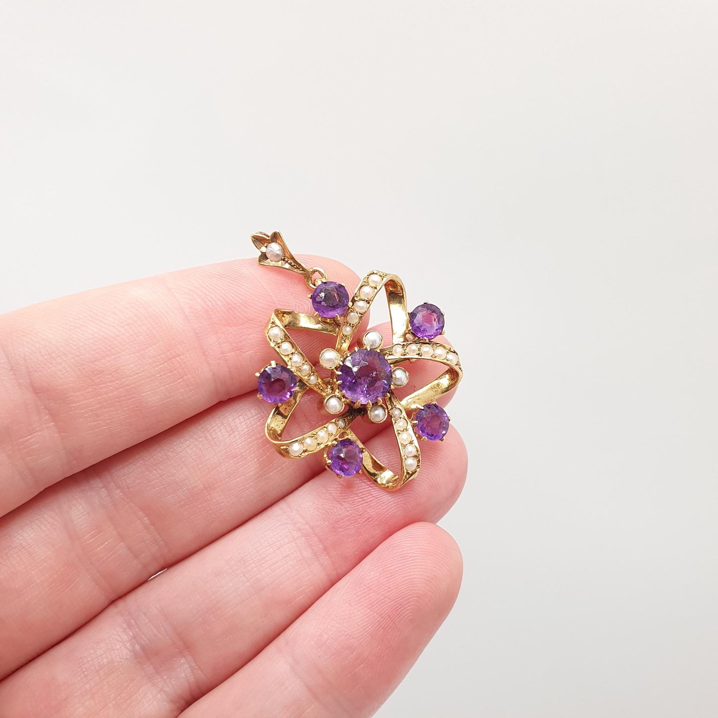 Antique 9ct Gold Amethyst Pendant Star Shape Necklace Brooch Seed Pearl Edwardian Solid 9k 9kt Vintage Jewellery Jewelry