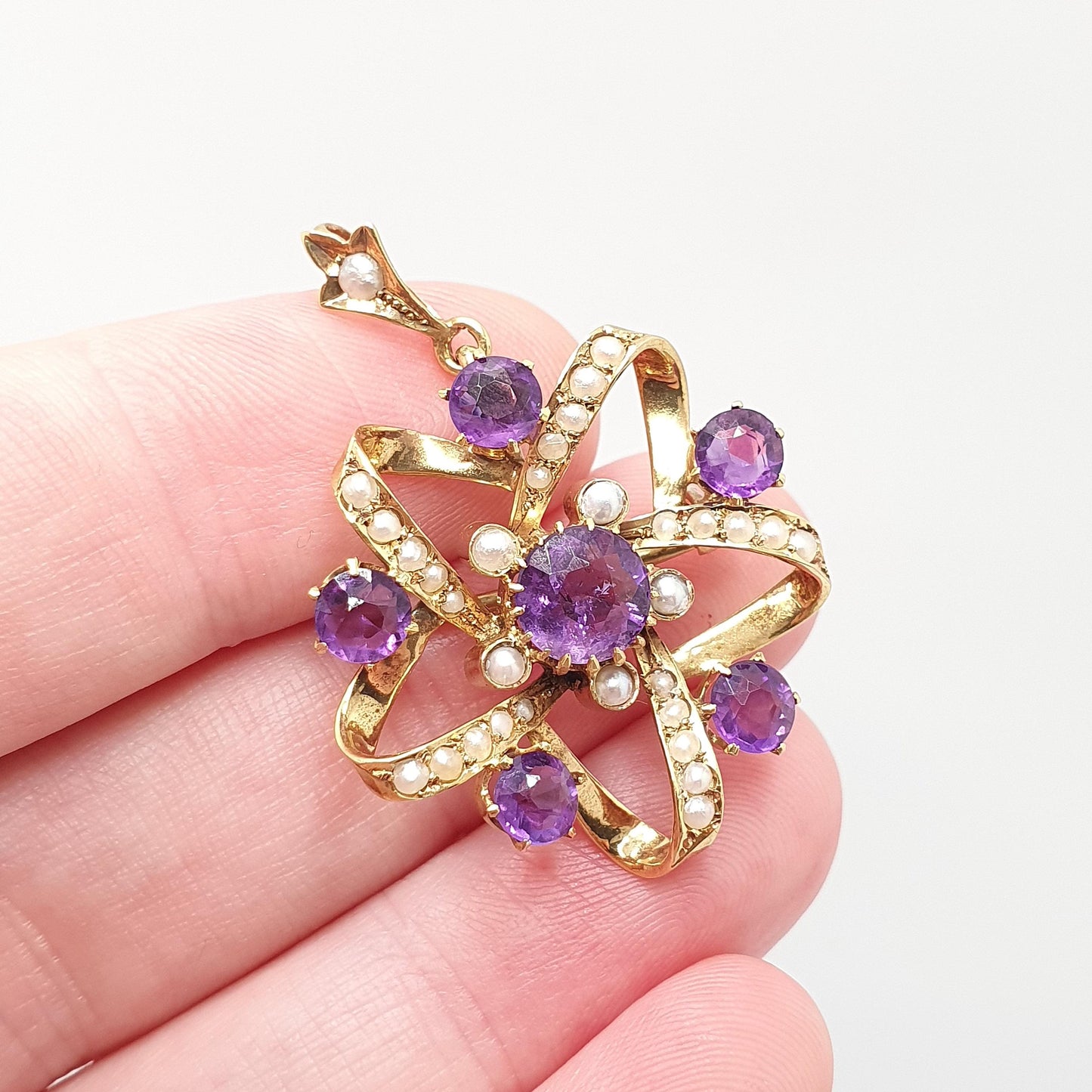 Antique 9ct Gold Amethyst Pendant Star Shape Necklace Brooch Seed Pearl Edwardian Solid 9k 9kt Vintage Jewellery Jewelry