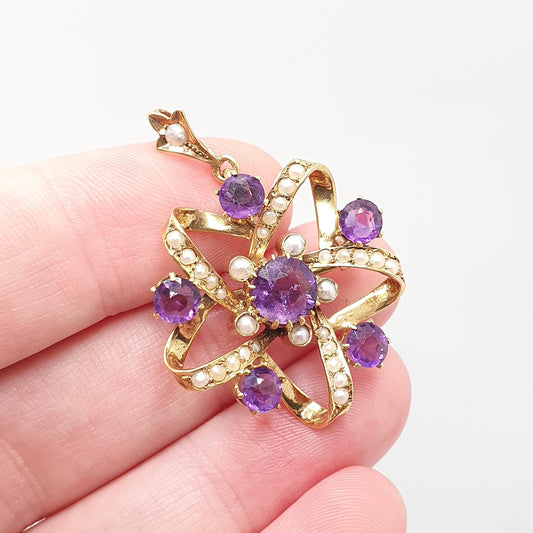 Antique 9ct Gold Amethyst Pendant Star Shape Necklace Brooch Seed Pearl Edwardian Solid 9k 9kt Vintage Jewellery Jewelry